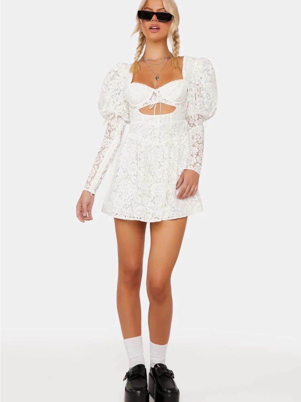 For Love & Lemons White Lace Puff-Sleeve Mini Dress - Picture 2 of 6